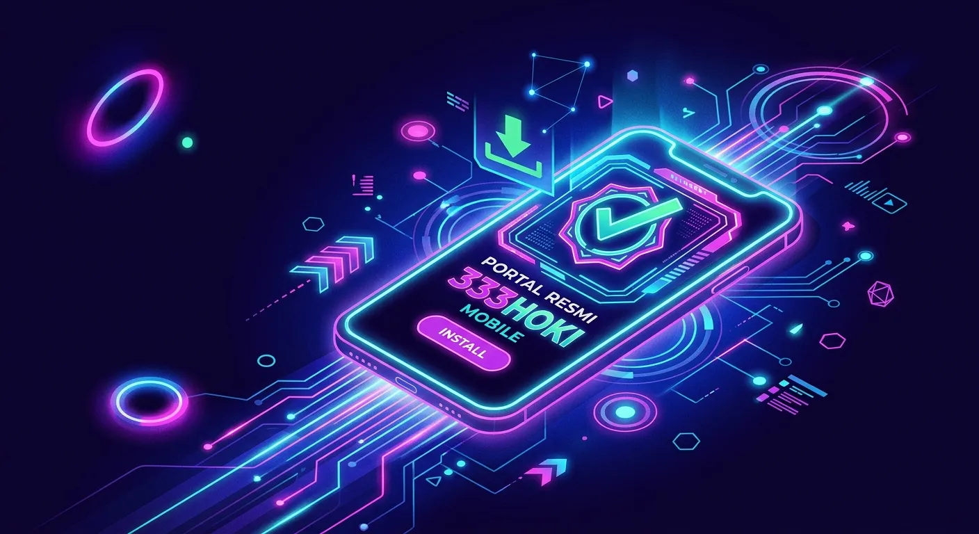 Ilustrasi instalasi apk 333hoki mobile resmi bernuansa neon modern